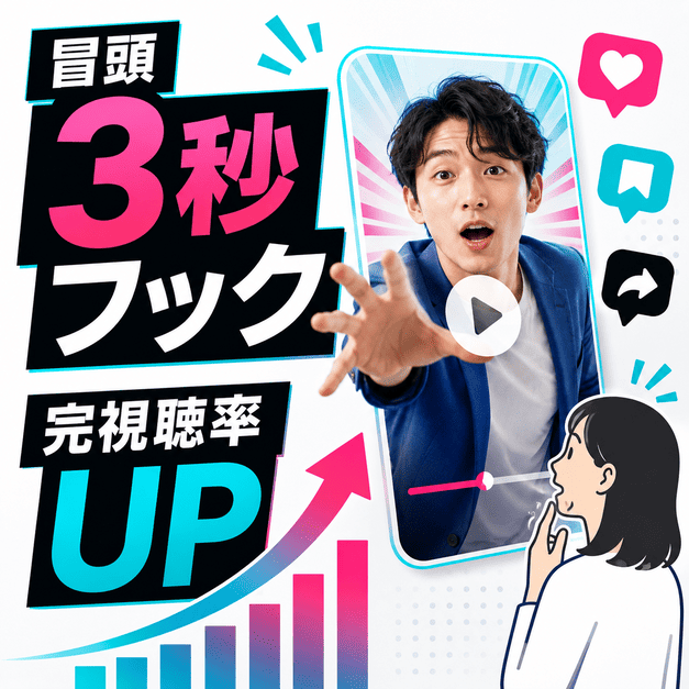 冒頭3秒のフックと完視聴率アップを、動画視聴者と上昇グラフで表したイラスト