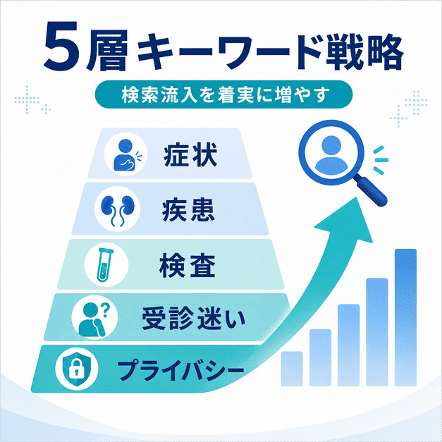 症状、疾患、検査、受診迷い、プライバシー配慮の5層キーワード戦略で検索流入を増やす考え方を示した画像