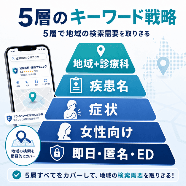 地域名、疾患名、症状、女性向け、即日・匿名・EDの5層でMEOキーワードを設計する図解