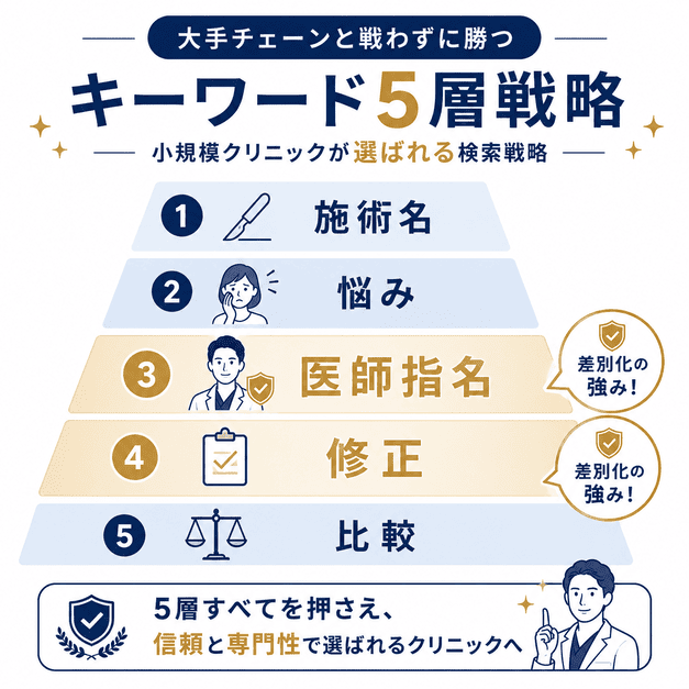 大手チェーンと正面衝突せずに集患するための施術名・悩み・医師指名・修正・比較の5層キーワード戦略を示した図