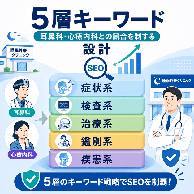 睡眠外来のSEOで症状系・検査系・治療系・鑑別系・疾患系の5層キーワードを設計する流れを図解