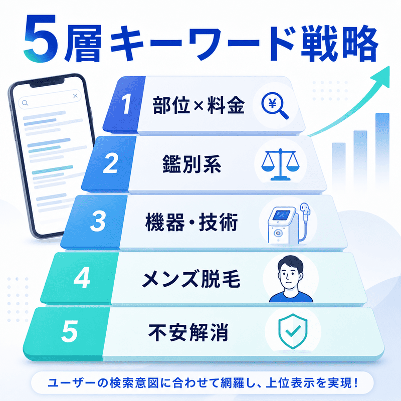 医療脱毛クリニックのSEOキーワードを、部位と料金・鑑別系・機器技術・メンズ脱毛・不安解消の5層で整理した図