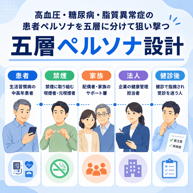 高血圧・糖尿病・脂質異常症、禁煙、家族、法人、健診後の五層ペルソナを分けて示したイラスト
