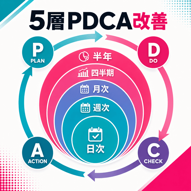 日次、週次、月次、四半期、半年以上の5層PDCAでTikTok運用品質を改善するサイクル図