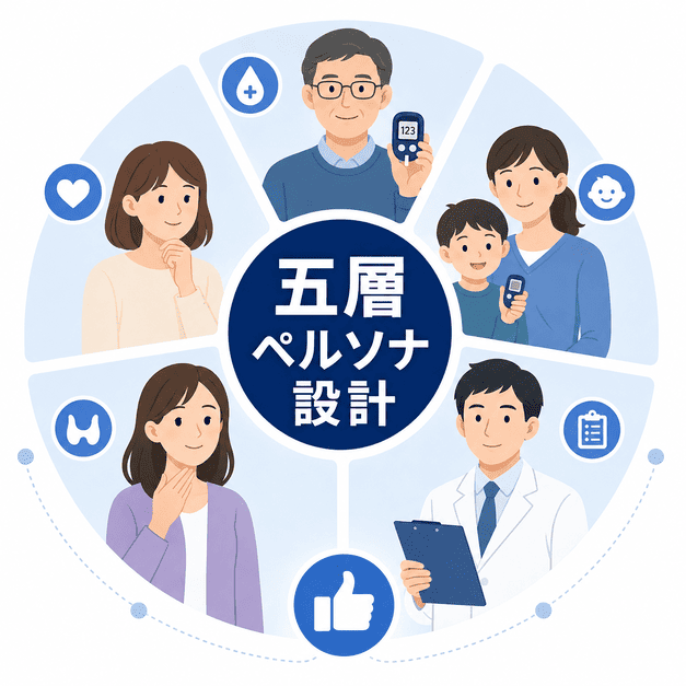 糖尿病本人、配偶者、1型糖尿病の保護者、甲状腺疾患層、医療従事者を五層ペルソナとして整理したイラスト