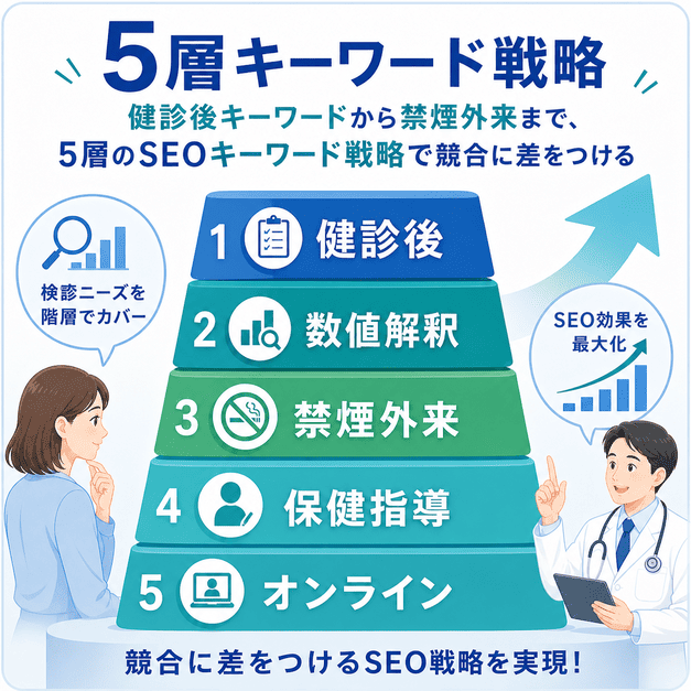 健診後、数値解釈、禁煙外来、保健指導、オンライン診療の5層キーワード戦略を示した図解