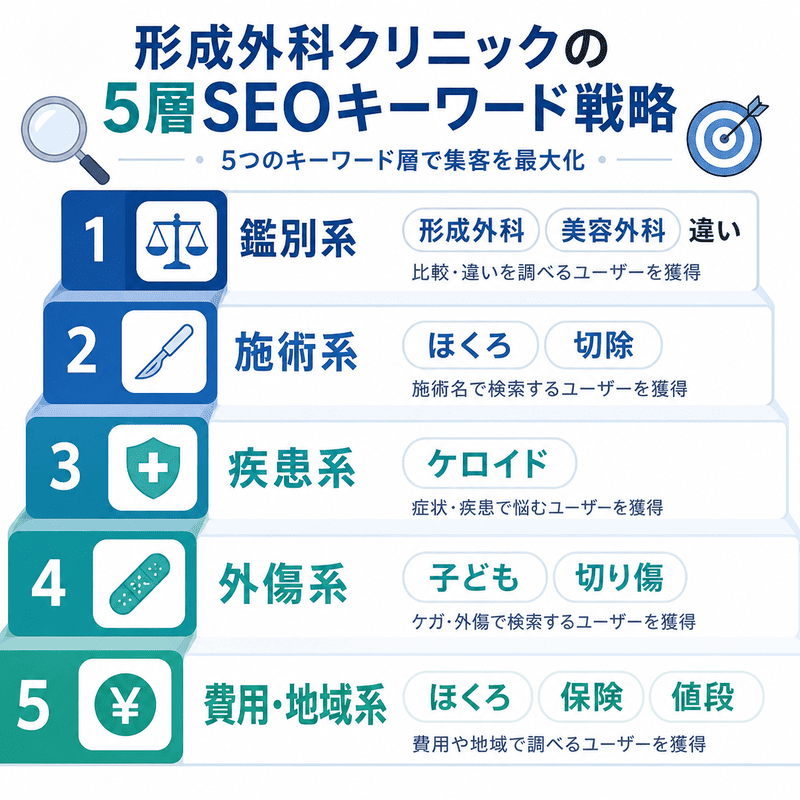 形成外科クリニックのSEOキーワード戦略を鑑別系・施術系・疾患系・外傷系・費用地域系の5層で整理した図