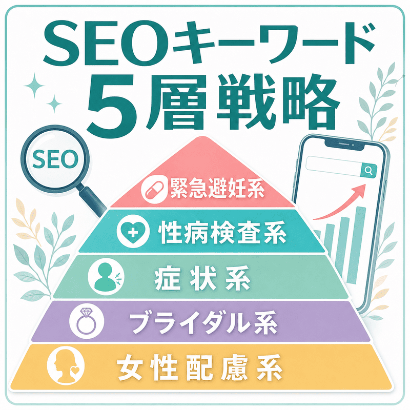 レディースクリニックのSEOキーワードを緊急避妊系、性病検査系、症状系、ブライダル系、女性配慮系の5層で整理した図