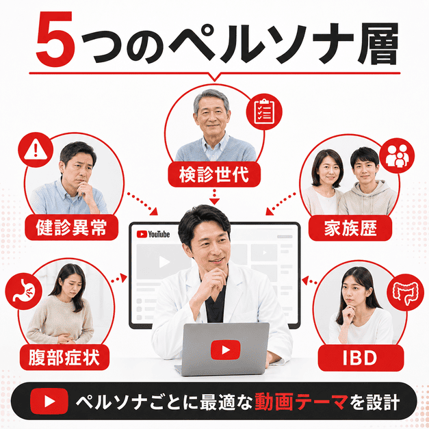 検診世代や健診異常、家族歴、腹部症状、IBDなど5つの患者層に合わせた動画戦略を示したイラスト