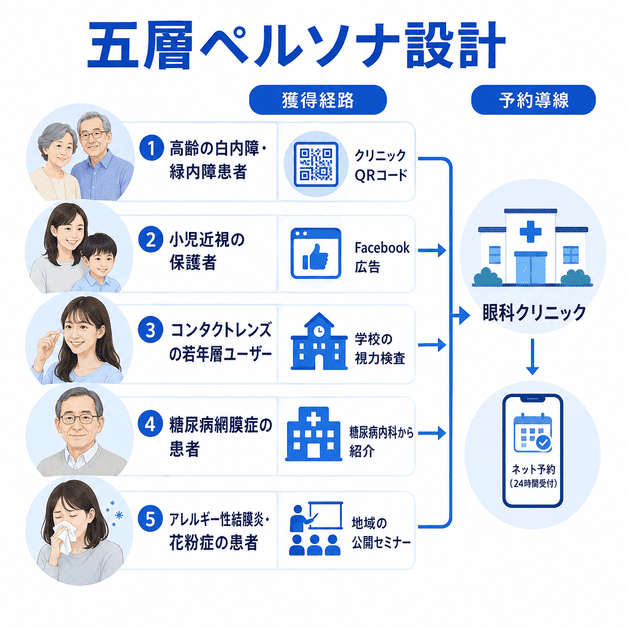 眼科クリニックのFacebook集患で五層ペルソナごとに獲得経路を分け、予約導線へつなげる流れを示す画像