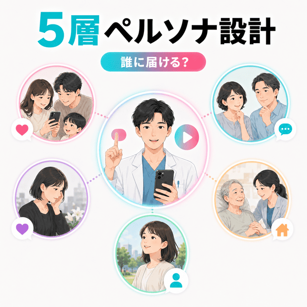 緩和ケアクリニックのTikTok配信で五層のペルソナに合わせて情報を届ける設計を示したイラスト