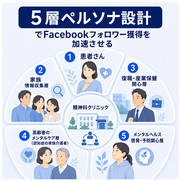 精神科クリニックのFacebook運用で当事者や家族など5層のペルソナを設計する様子を示すイラスト