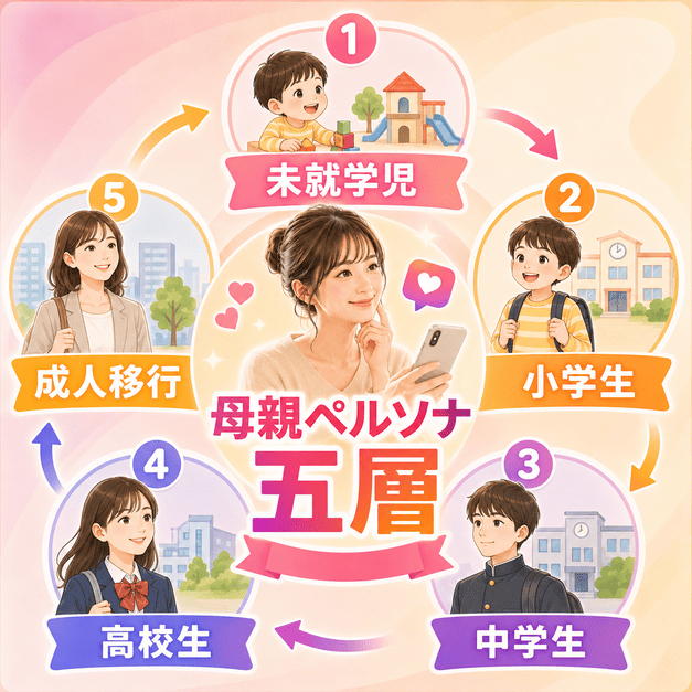 妊婦・妊活・がん検診・更年期・産後など5つの女性ペルソナを分けて設計するInstagram集患導線のイラスト