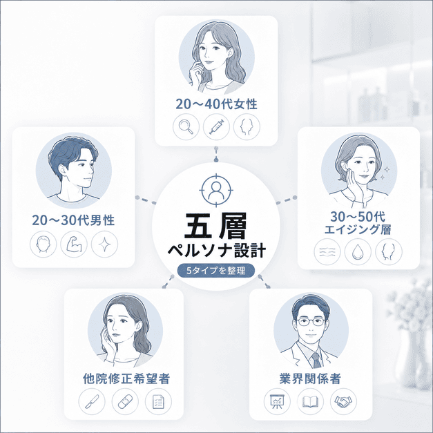 美容外科クリニックのX運用で重要な五層ペルソナ設計を、複数の患者層カードで整理したイラスト