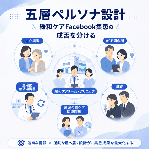 緩和ケアFacebook運用に必要な主介護者、ACP関心層、病院連携層、遺族、地域包括ケア職種の五層ペルソナを示したイラスト
