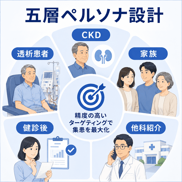 CKD患者・透析患者・家族・健診後層・他科紹介層の五層ペルソナ設計を示すイラスト