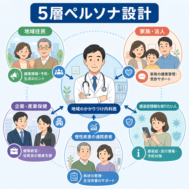 地域住民、家族、法人担当者、慢性疾患患者、感染症情報需要層の5層ペルソナ設計を表したイラスト