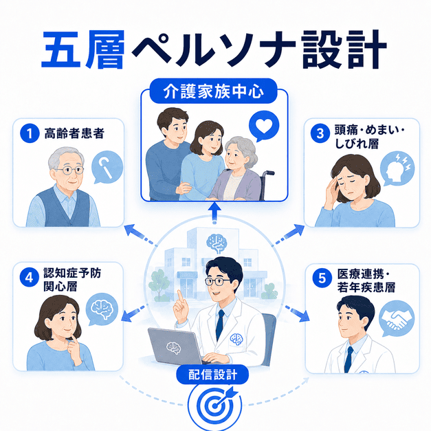 高齢患者、介護家族、頭痛やめまいの中年層、認知症予防層、医療連携層を分けた五層ペルソナ設計の図解