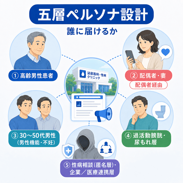 高齢男性患者、配偶者、30〜50代男性、尿もれ層、匿名相談層に分けた五層ペルソナ設計の図解