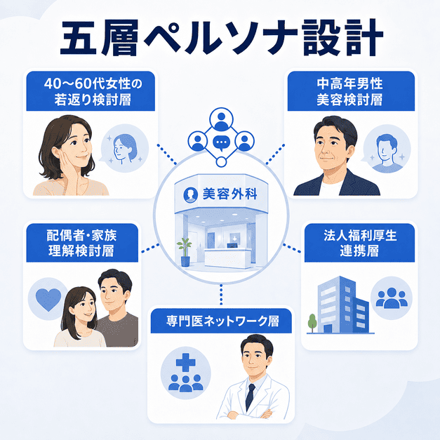 美容外科クリニックのFacebook運用で五層ペルソナ別に配信を分ける考え方を示した図解