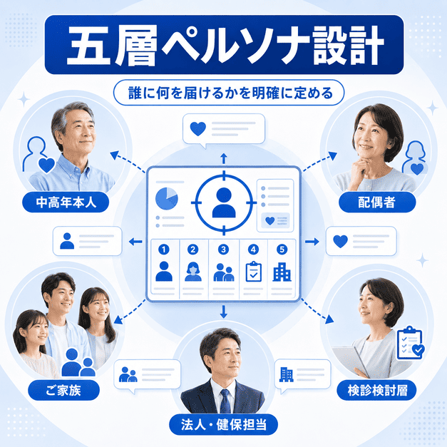肛門外科のFacebook運用で、中高年本人や配偶者、検診検討層など五層ペルソナを設計する様子を示すイラスト