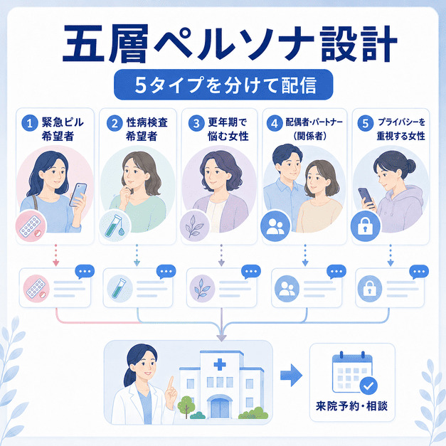 緊急ピル希望者、性病検査希望者、更年期女性、配偶者、プライバシー重視女性の五層ペルソナ設計を示したイラスト