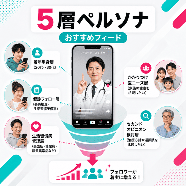 総合内科の5層ペルソナとおすすめフィードを活用してフォロワーを増やす流れを示したイラスト