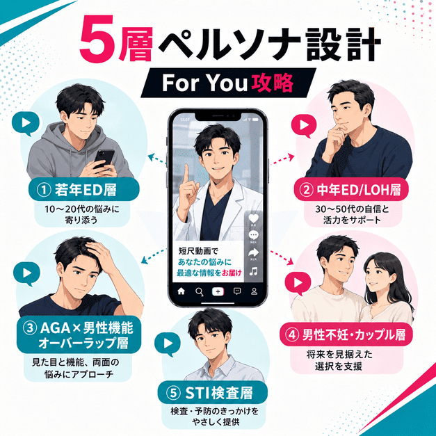 若年ED層やLOH層など5つのペルソナに向けてFor You Pageで情報を届ける設計を示したイラスト
