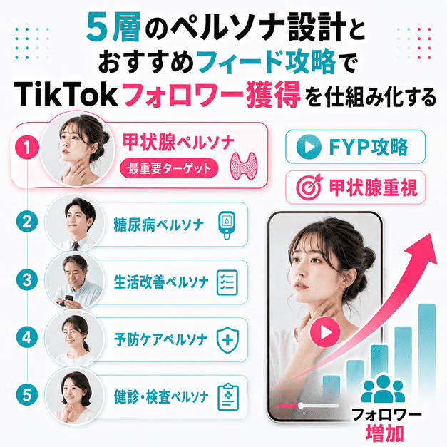 5層のペルソナ設計とFYP攻略により、甲状腺ペルソナを中心にTikTokフォロワー獲得を仕組み化する図解
