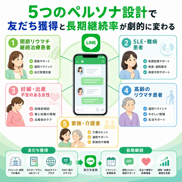関節リウマチ、SLE、妊娠相談、高齢患者、家族介護者の5つのペルソナに分けてLINE配信するイメージ