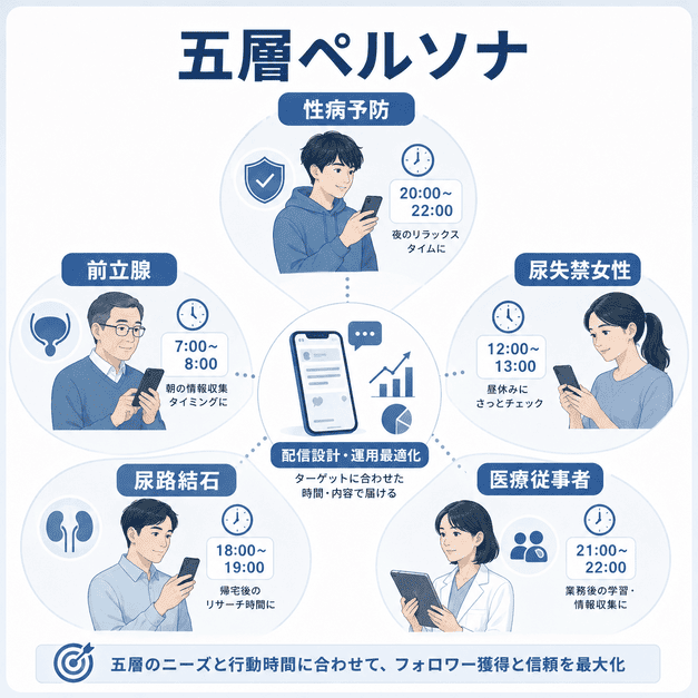 性病予防、前立腺、尿失禁女性、尿路結石、医療従事者の五層ペルソナ別に配信設計するイラスト