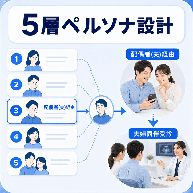 不妊治療クリニックのFacebook集患で5層のペルソナを設計し配偶者経由で夫婦同伴受診につなげる流れを示したイラスト