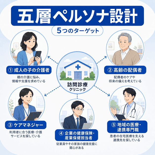 成人した子や高齢配偶者、ケアマネなど五層ペルソナに向けたFacebook配信設計のイラスト