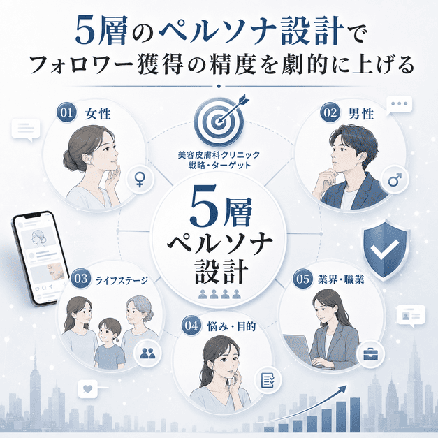 美容皮膚科のX運用で5層のペルソナを設計し、質の高いフォロワー獲得を目指すイメージ