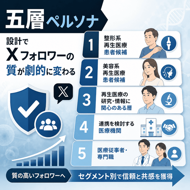 再生医療クリニックのXフォロワーを五層ペルソナで分類し質を高めるイラスト