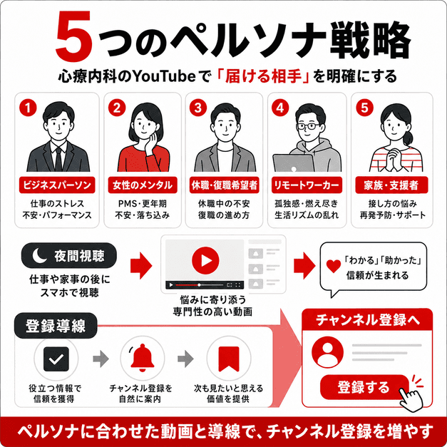 心療内科YouTubeで狙う5つのペルソナと、夜間視聴からチャンネル登録へつなげる導線を示した図