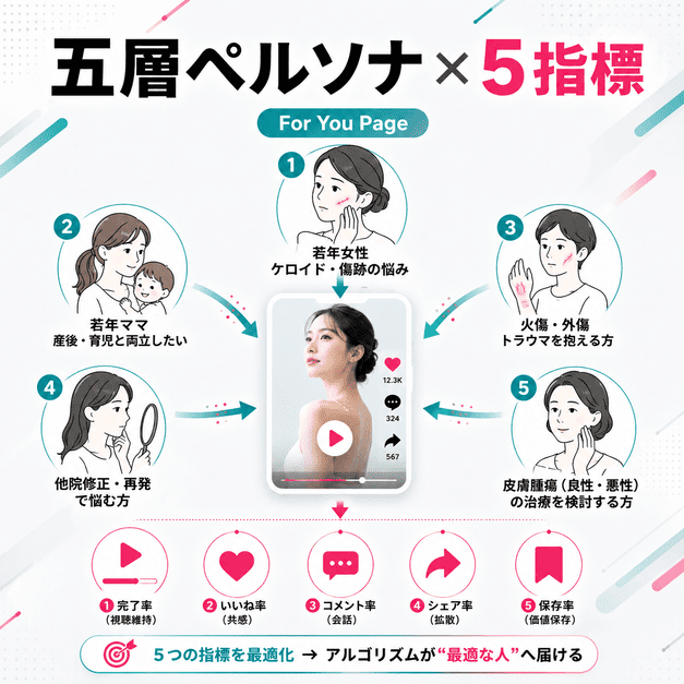形成外科TikTok運用で想定する五層ペルソナと完了率や保存率などの5指標を整理したイラスト