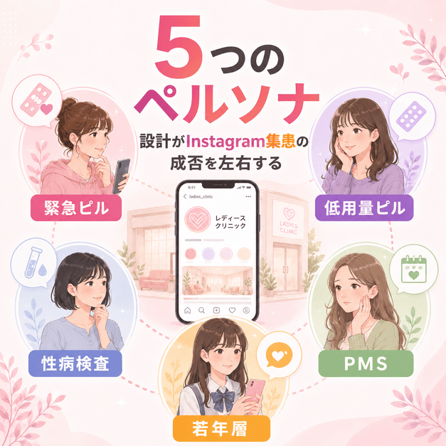 緊急ピル、低用量ピル、性病検査、PMS、若年層の5つのペルソナを表したレディースクリニック向けInstagram集患イラスト
