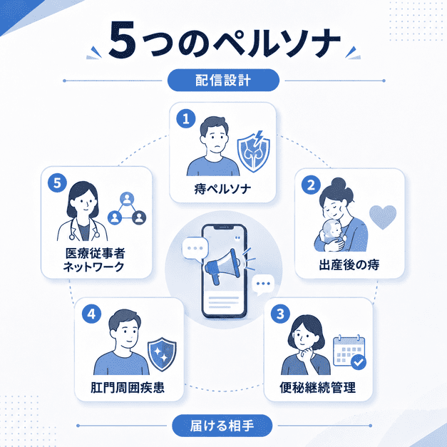 肛門外科クリニックのX配信で想定する5つの患者・医療従事者ペルソナを整理したイラスト