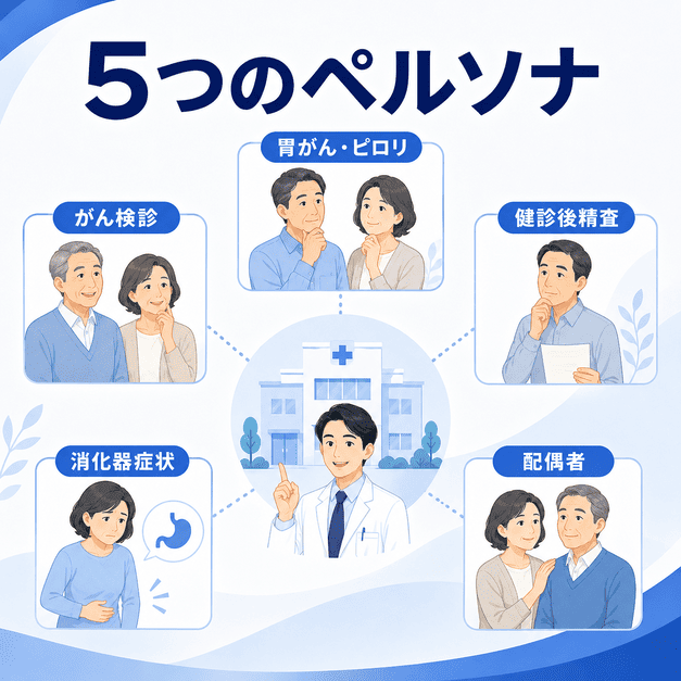 消化器内科のFacebook集患で重要な5つのペルソナを、がん検診層、胃がん・ピロリ菌、健診後精査、消化器症状、配偶者に分けて示したイラスト