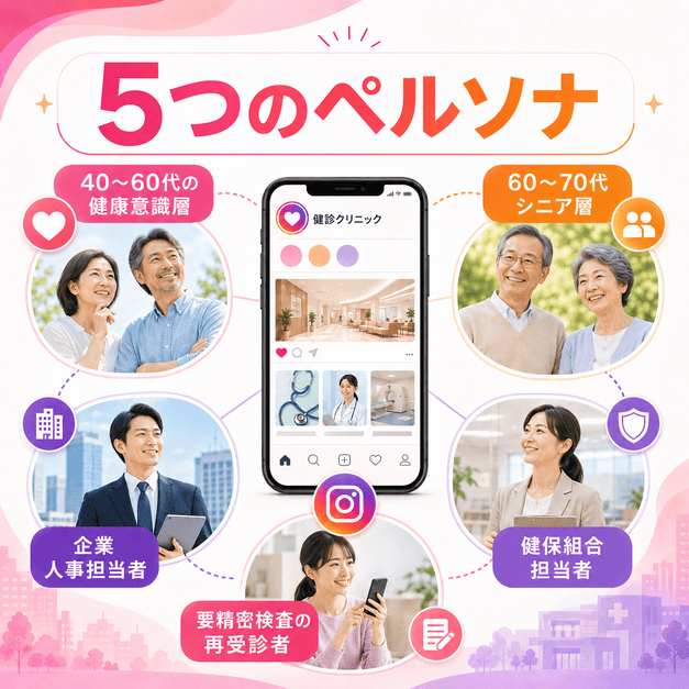 健康意識層、シニア層、企業人事、健保組合、要精密検査再受診者の5つのペルソナを示したイラスト