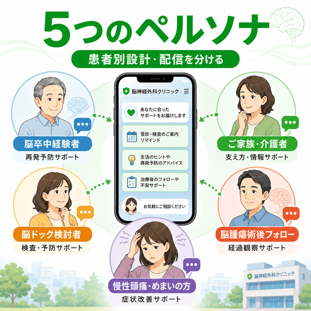 脳卒中経験者、家族介護者、脳ドック検討者、脳腫瘍術後フォロー、慢性頭痛・めまいの5つのペルソナに分けてLINE配信するイラスト