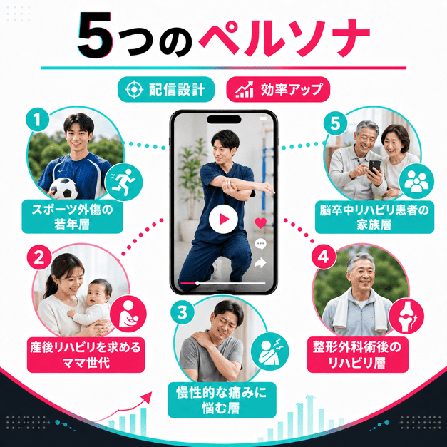 スポーツ障害、産後リハ、慢性疼痛、術後リハ、脳卒中リハ家族層の五層ペルソナ