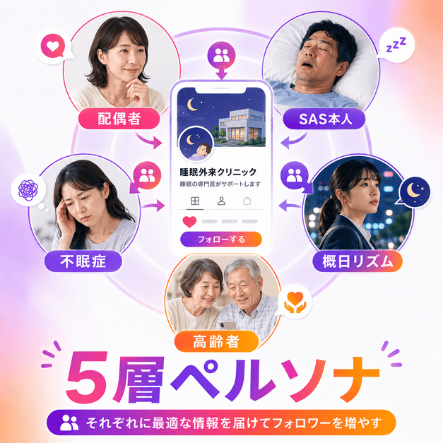 配偶者、SAS本人、不眠症女性、概日リズム障害、高齢者睡眠の5層ペルソナに情報を届ける睡眠外来Instagram運用のイラスト