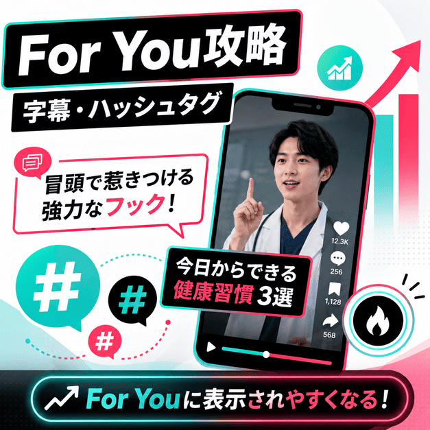 For Youページ表示を狙うための冒頭フック、動画内字幕、ハッシュタグ戦略を表したイラスト