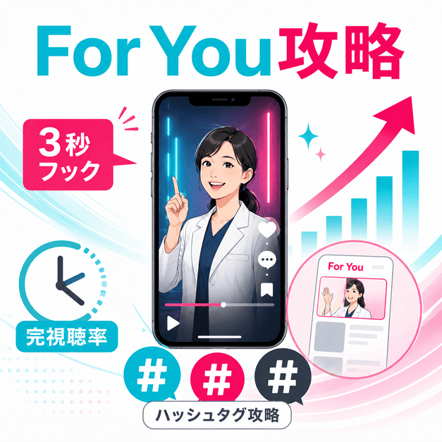 For You表示を目指して冒頭3秒のフック、完視聴率、ハッシュタグを改善する運用イメージ