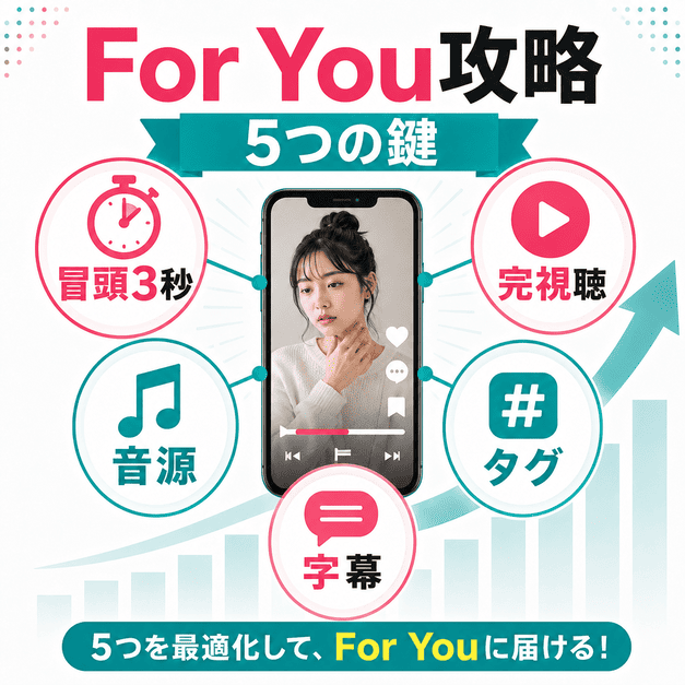 For Youページ攻略に必要な冒頭3秒、完視聴、音源、タグ、字幕の5要素を示したイラスト