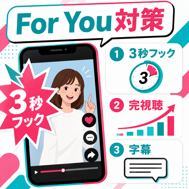 冒頭3秒フック、完視聴率、字幕でFor Youページ表示を狙う動画戦略のイラスト