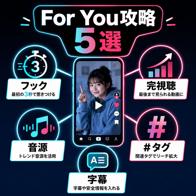 For Youページに載せるためのフック、完視聴、音源、ハッシュタグ、字幕の5つの攻略要素を表したイラスト