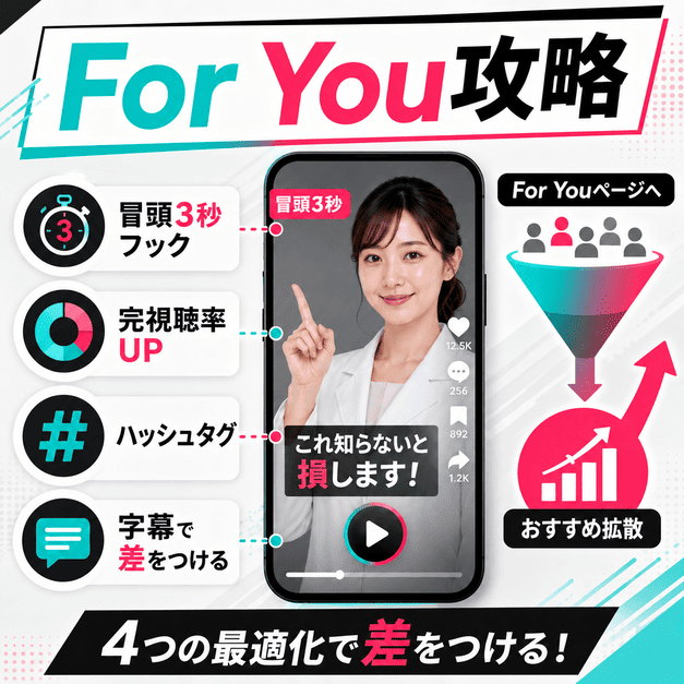 For Youページ表示を狙うために冒頭3秒、完視聴率、ハッシュタグ、字幕を最適化する流れを示したイラスト